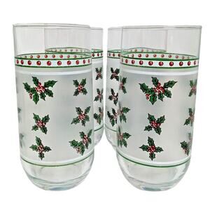 4 Vintage Frosted Holly Berry Christmas Glasses Tumblers Festive Glassware